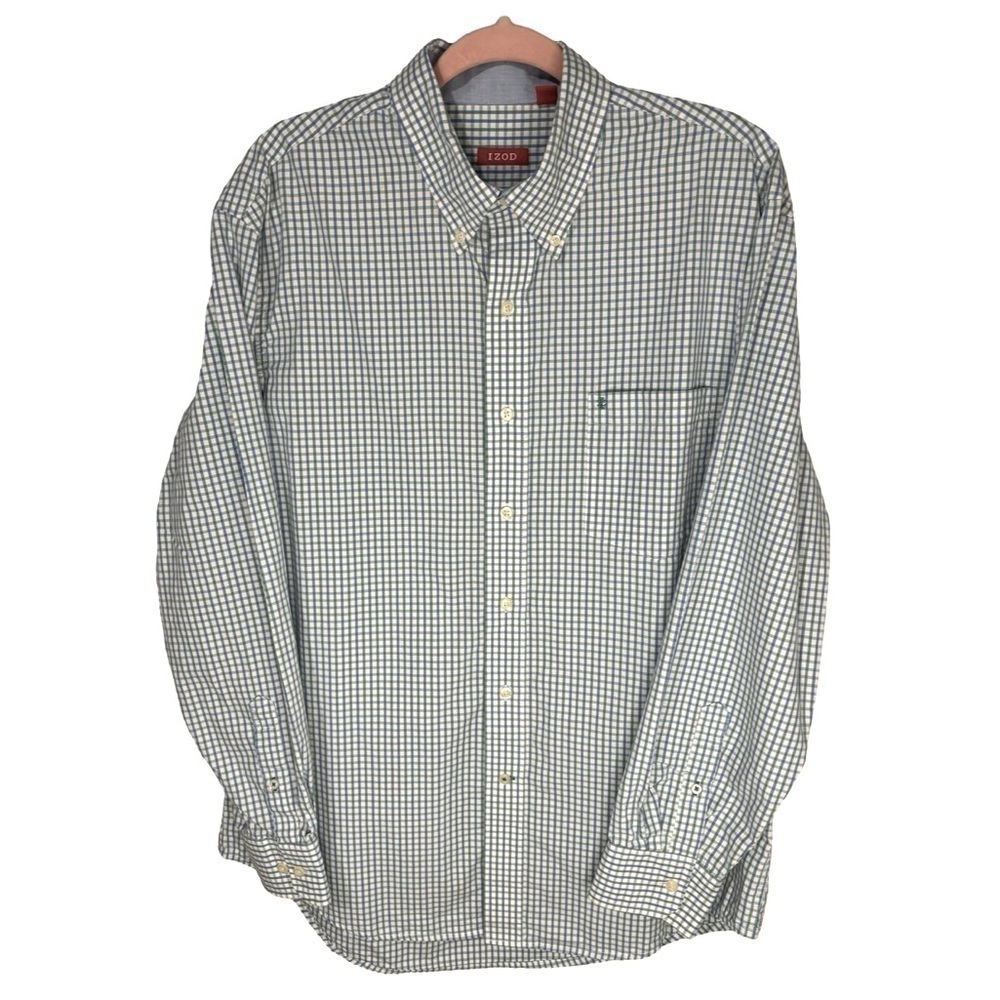 IZOD BLUE / WHITE / GREEN PLAID COTTON BUTTON DOWN BUSINESS CLASSIC LONG SLEEVE